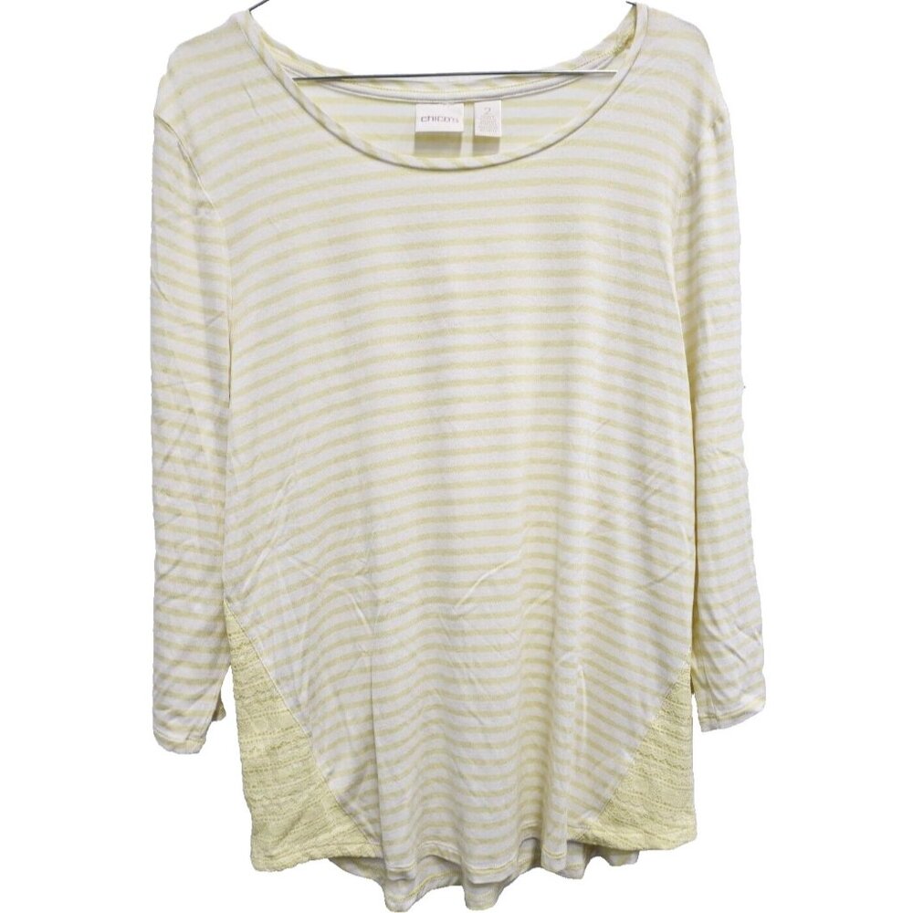 Chicos Tunic Top Womens Large White Yellow Striped Lace Detail 3/4 Sleeve Casual